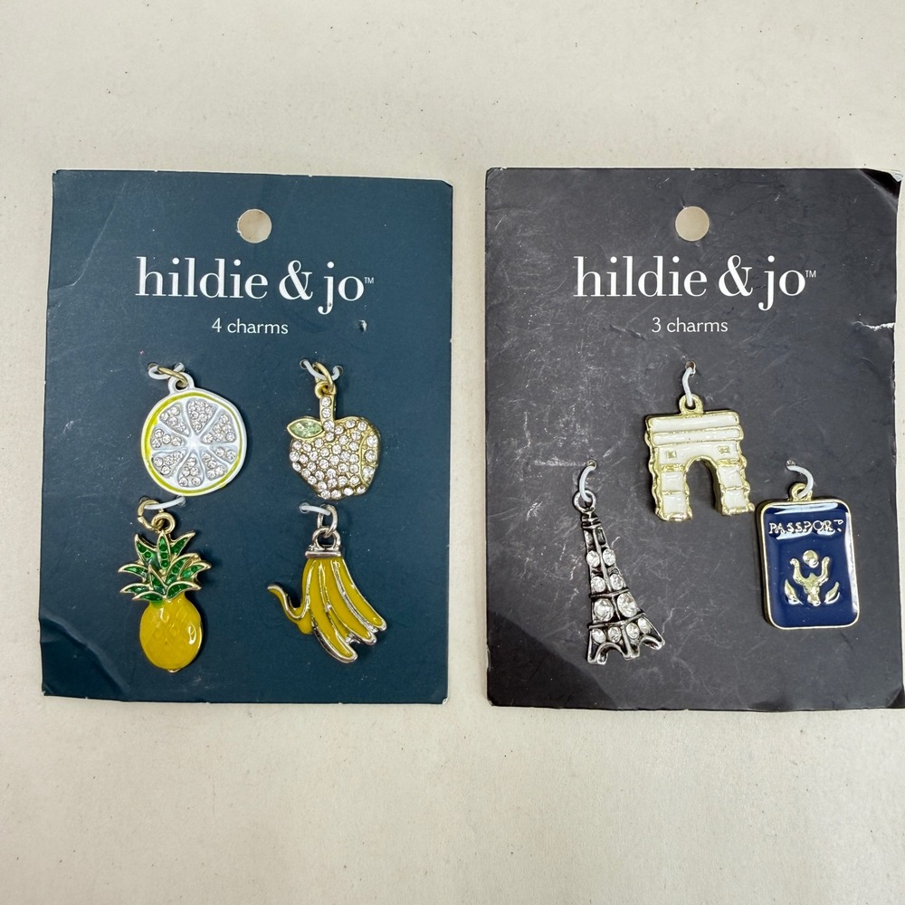 Hildie & Jo Fruit and Travel Charms Set Eiffel Tower Passport Pineapple Enamel